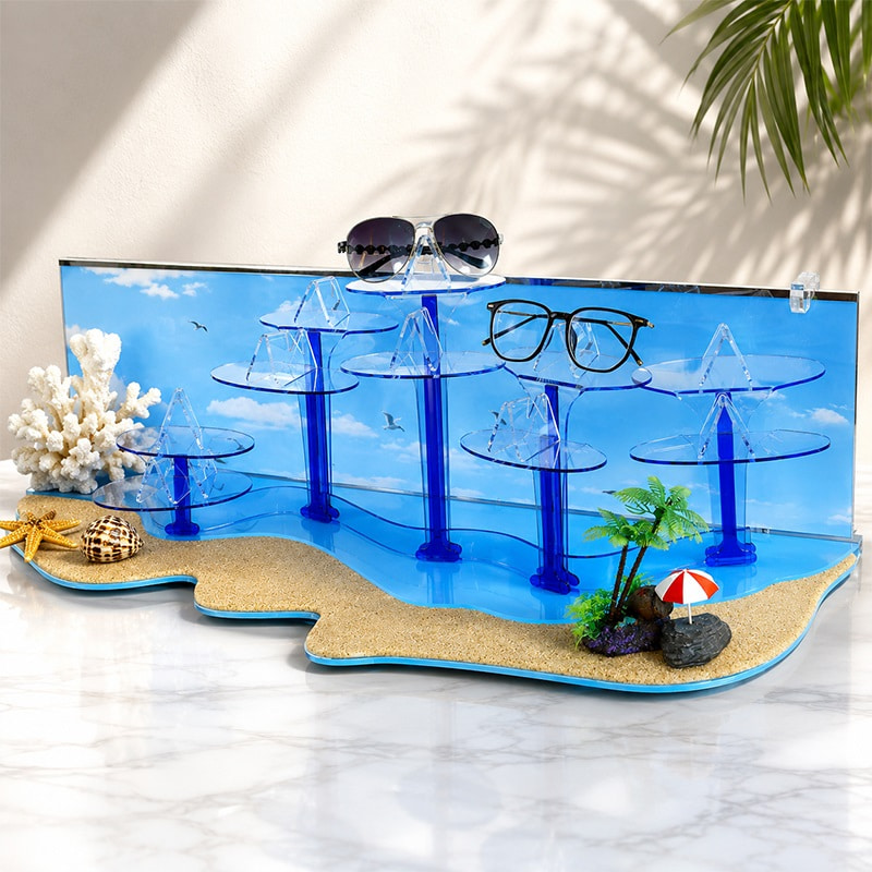 beach-themed sunglasses display stand