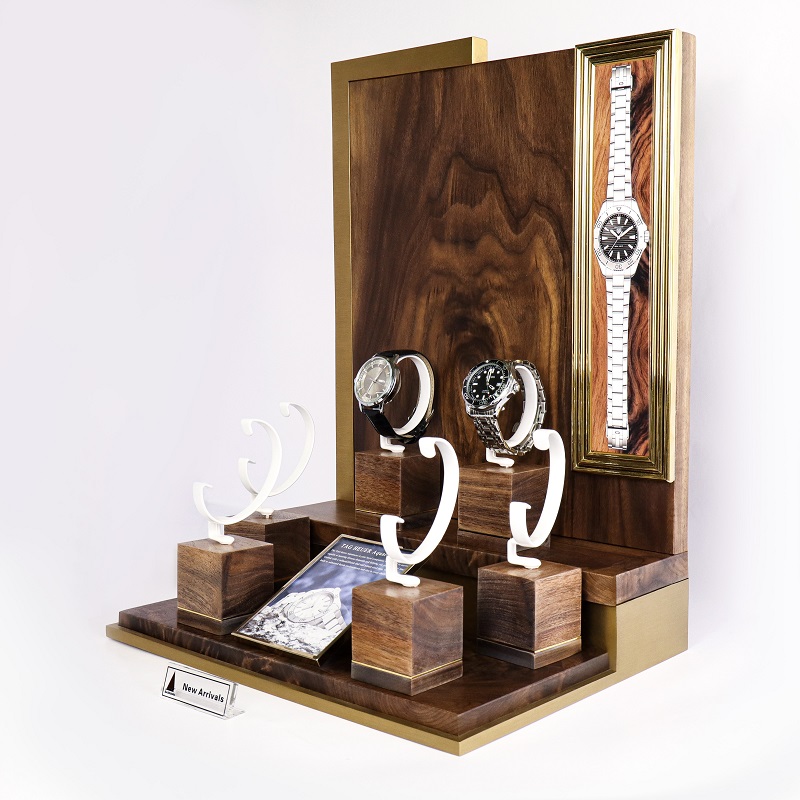 Luxury Walnut Wood Stainless Steel Watch Display Stand Perspective View