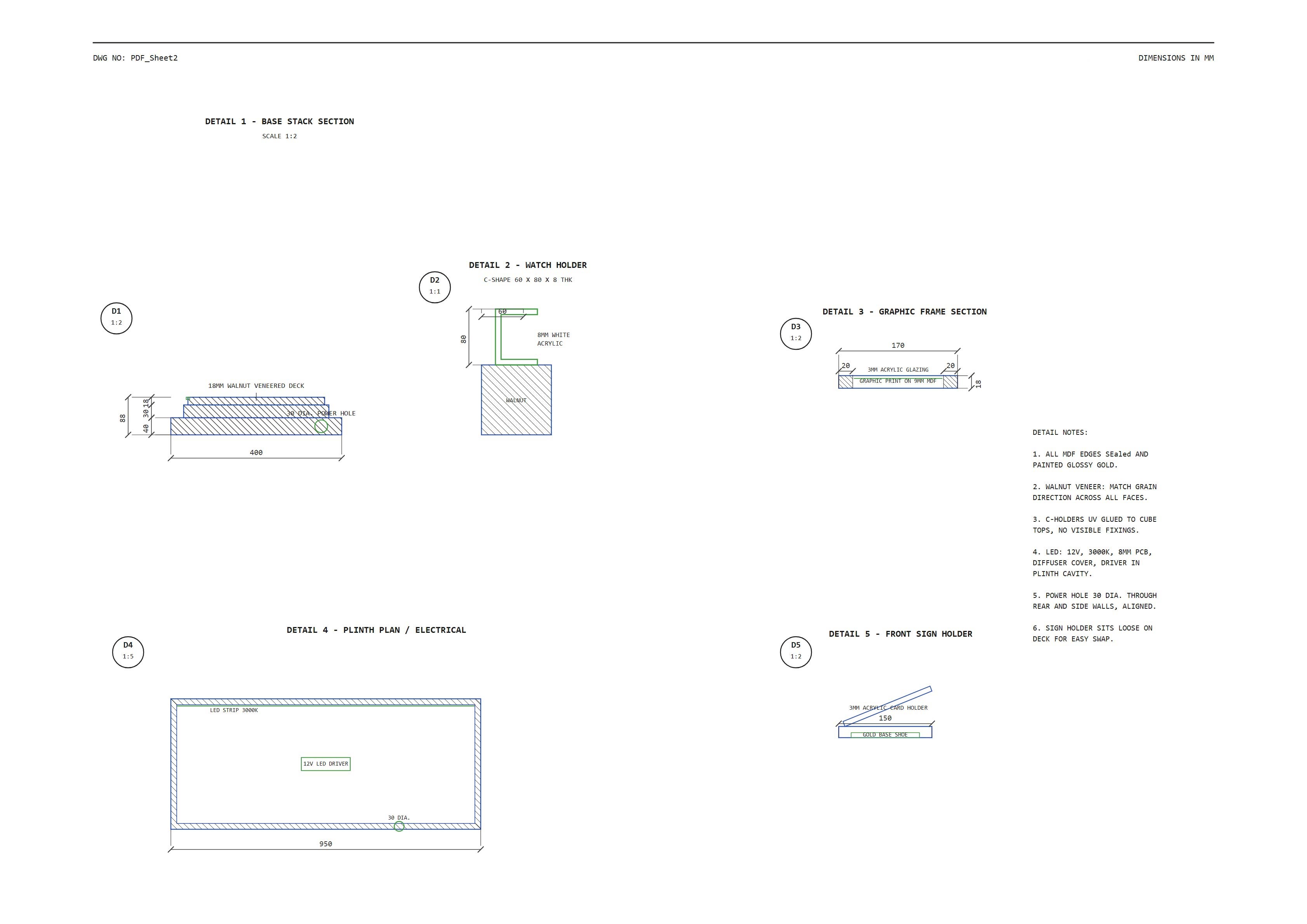Watch showcase construction detail technical drawing