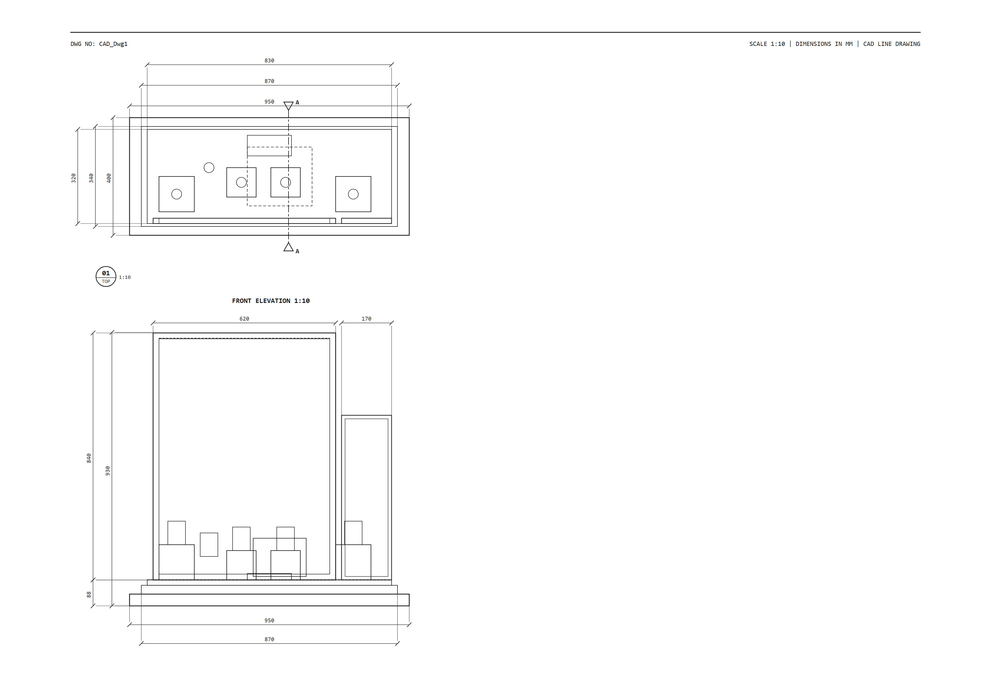 CAD technical drawing of watch display stand construction details