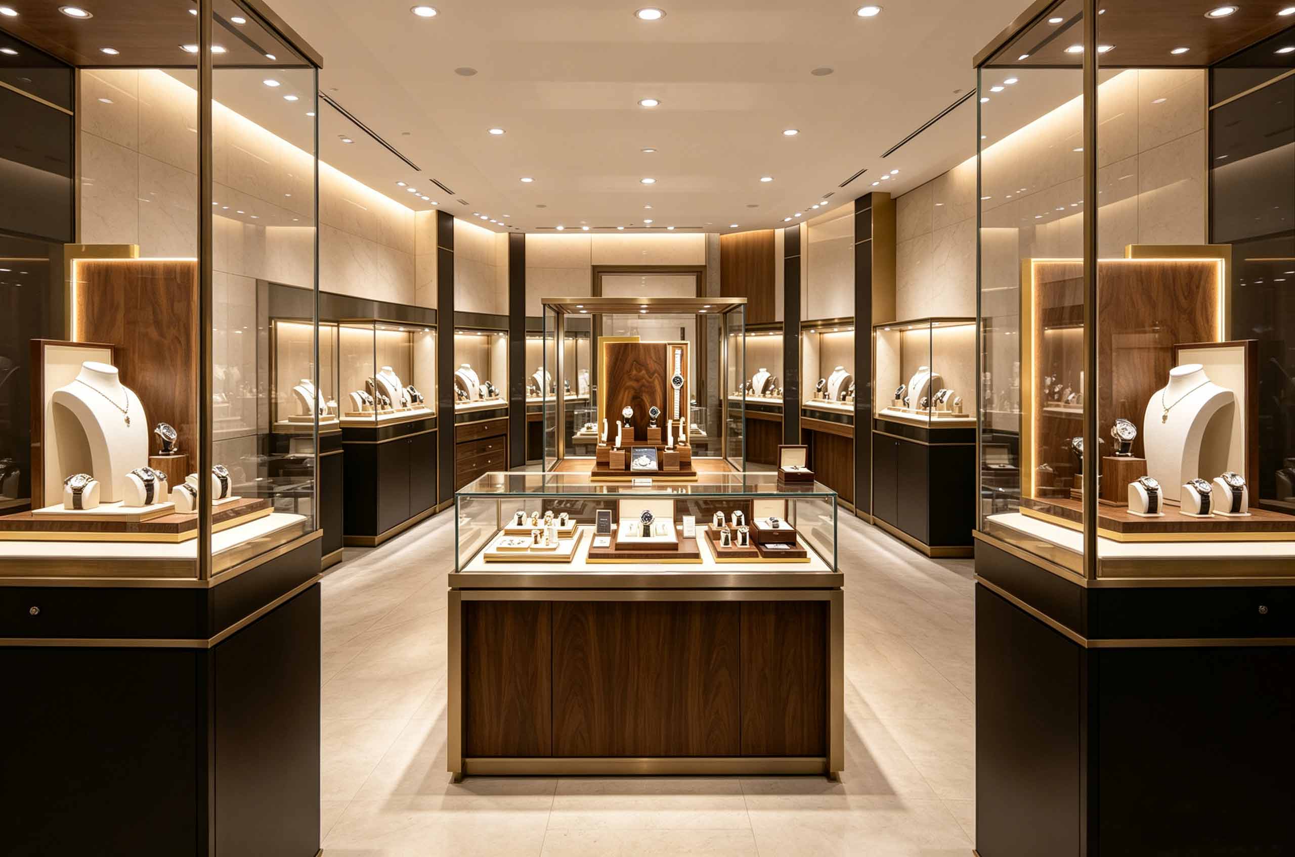 Light luxury watch display showcase with black walnut wood, store window night scene for watch boutique
