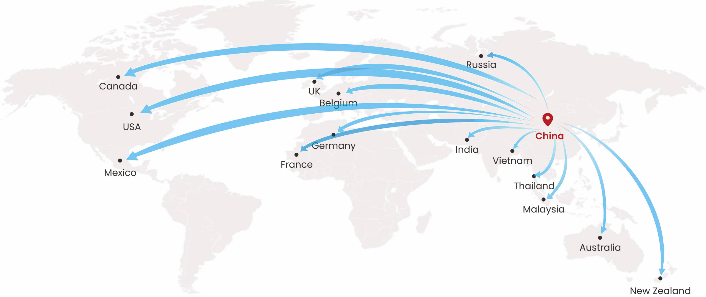 Bannama global market distribution map, custom luxury watch and jewelry display stands shipped worldwide from China to North America, Europe, Asia and Oceania