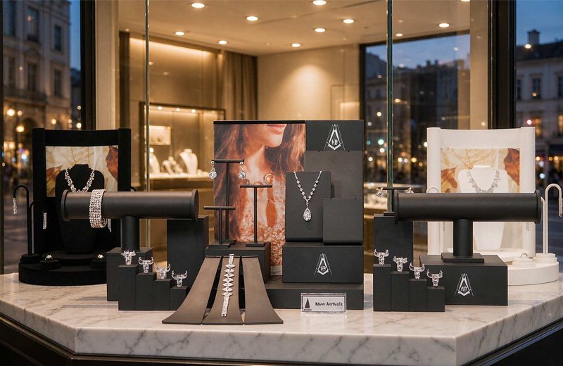 Collection de présentoirs de comptoir modulaires et combinables en acrylique et floqué pour bijoux