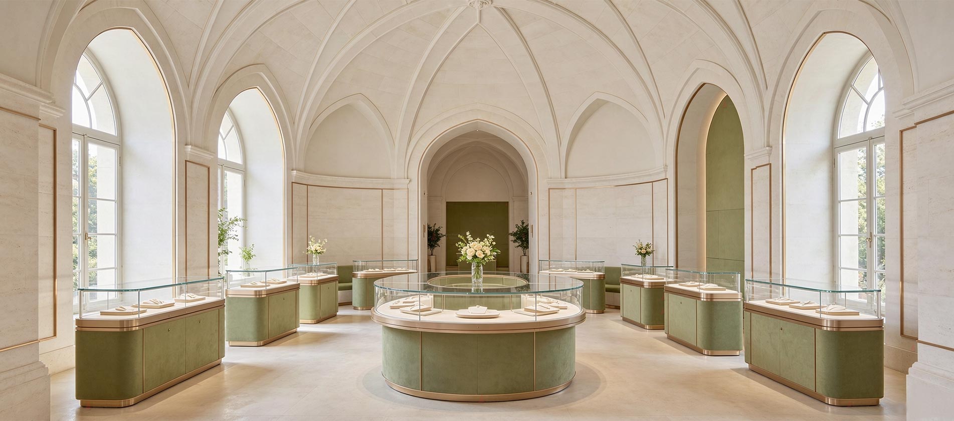 Elegant jewelry boutique interior with pastel arched niches, domed ceiling, crystal chandelier and round glass display island, Bannama luxury display fixtures